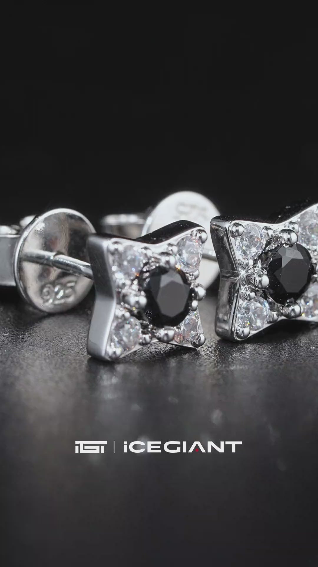 White & Black Moissanite Four Pointed Star Stud Earrings