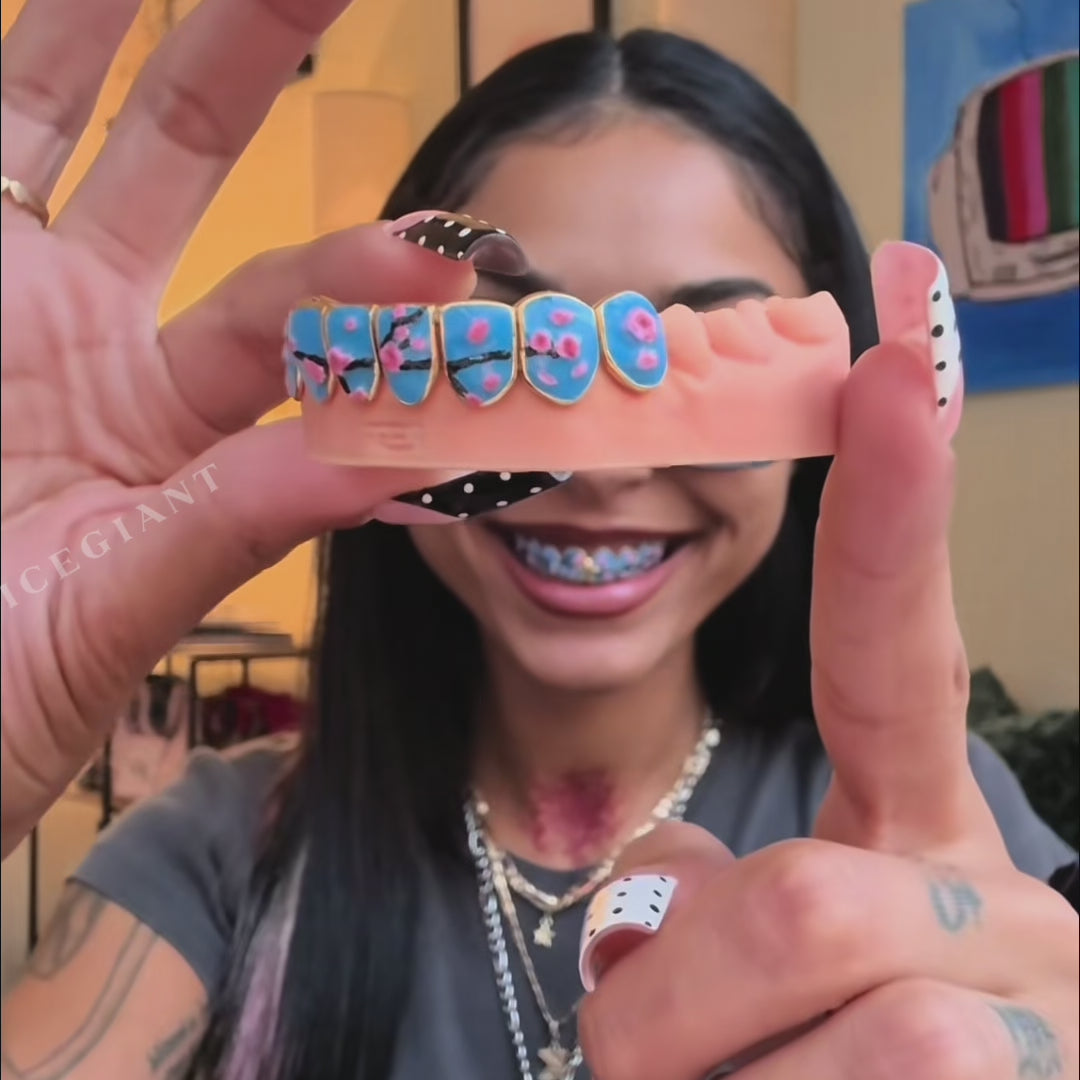 Fleur De Lis Sakura Blue Enamel Grillz