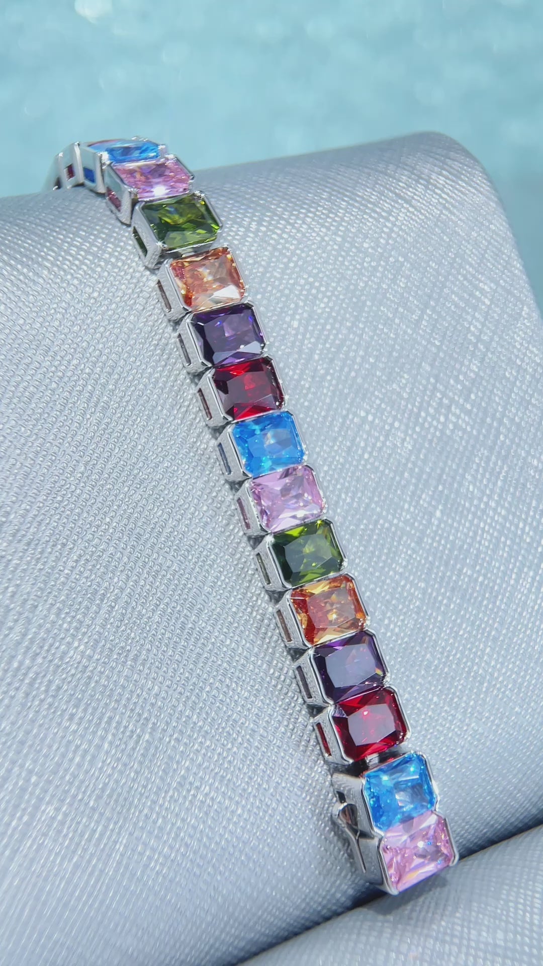 S925 Colored Gemstones Emerald Cut Tennis Bracelet