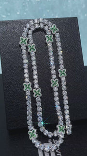 White Moissanite Green Marquise Gem Clover Tennis Chain