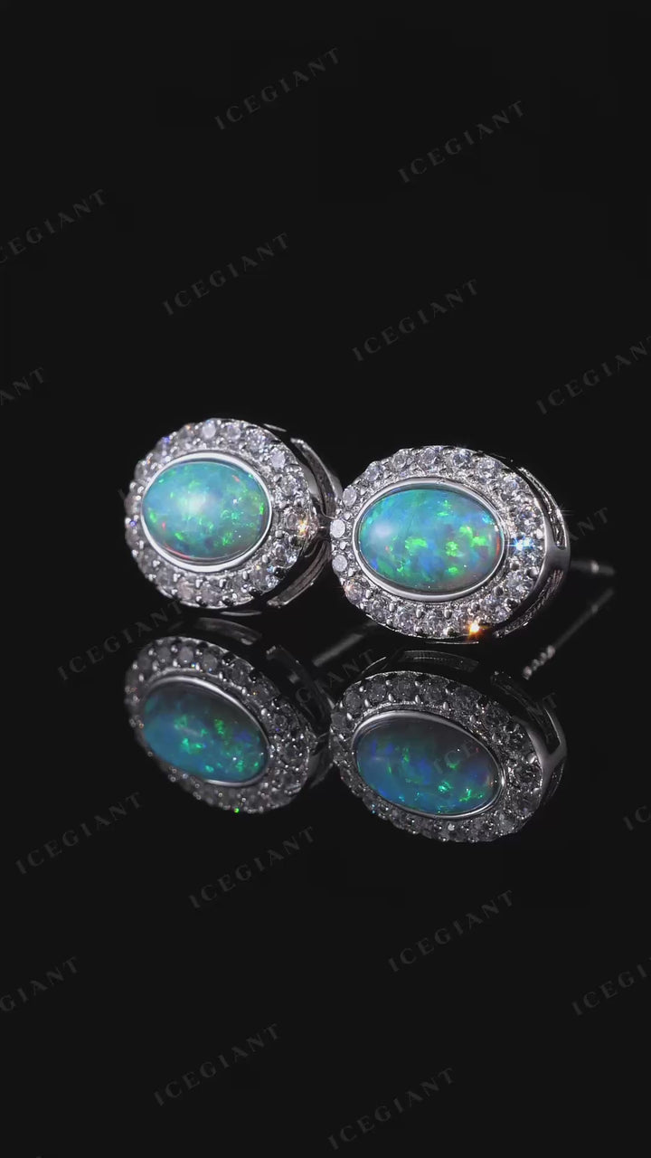 Opal & Moissanite Oval Cluster Stud Earrings