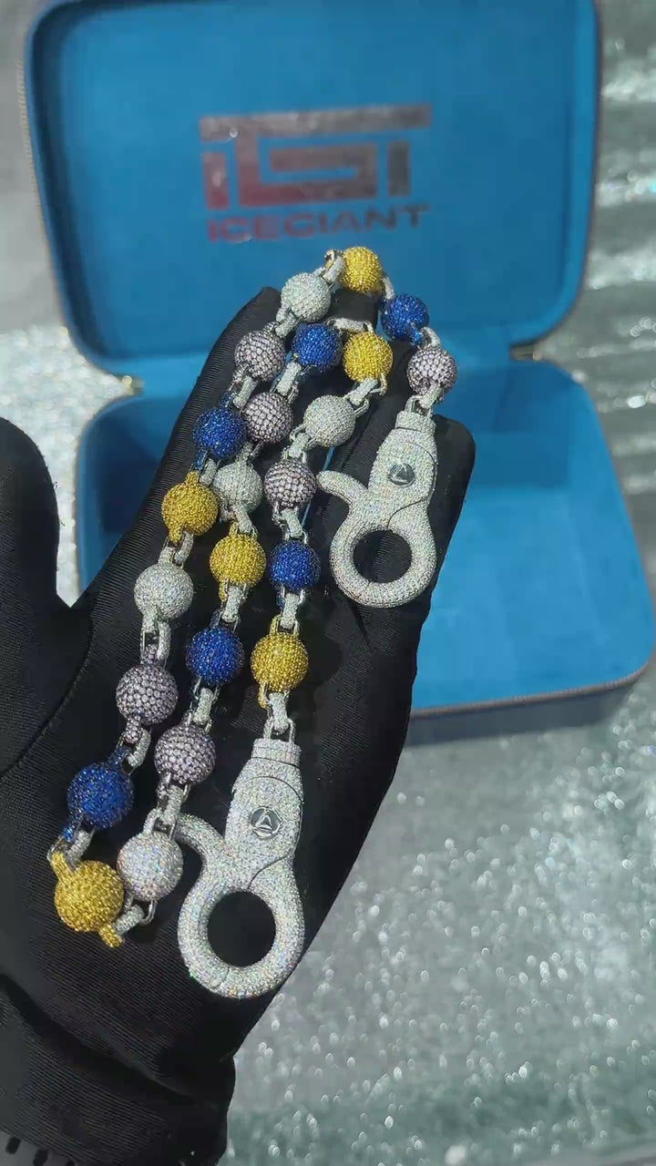 14MM Colored Gem Moissanite Round Ball Trouser Chain