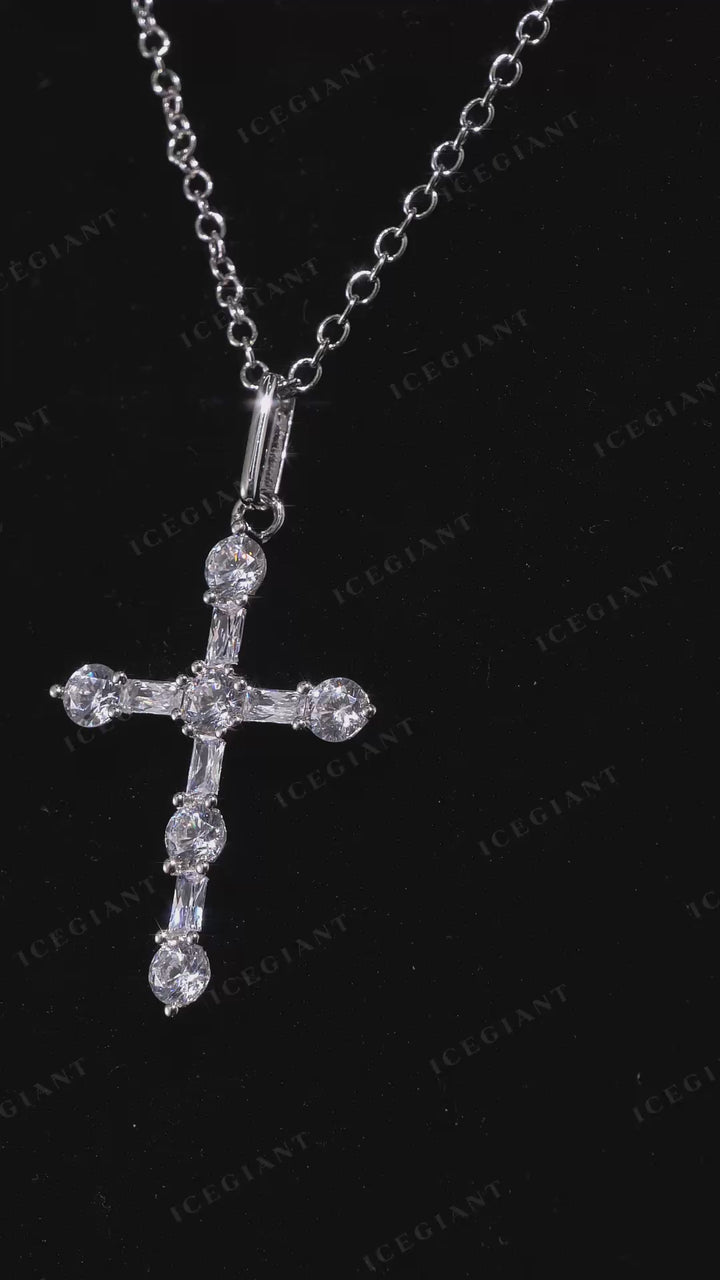 Moissanite Round & Baguette Cut Cross Pendant