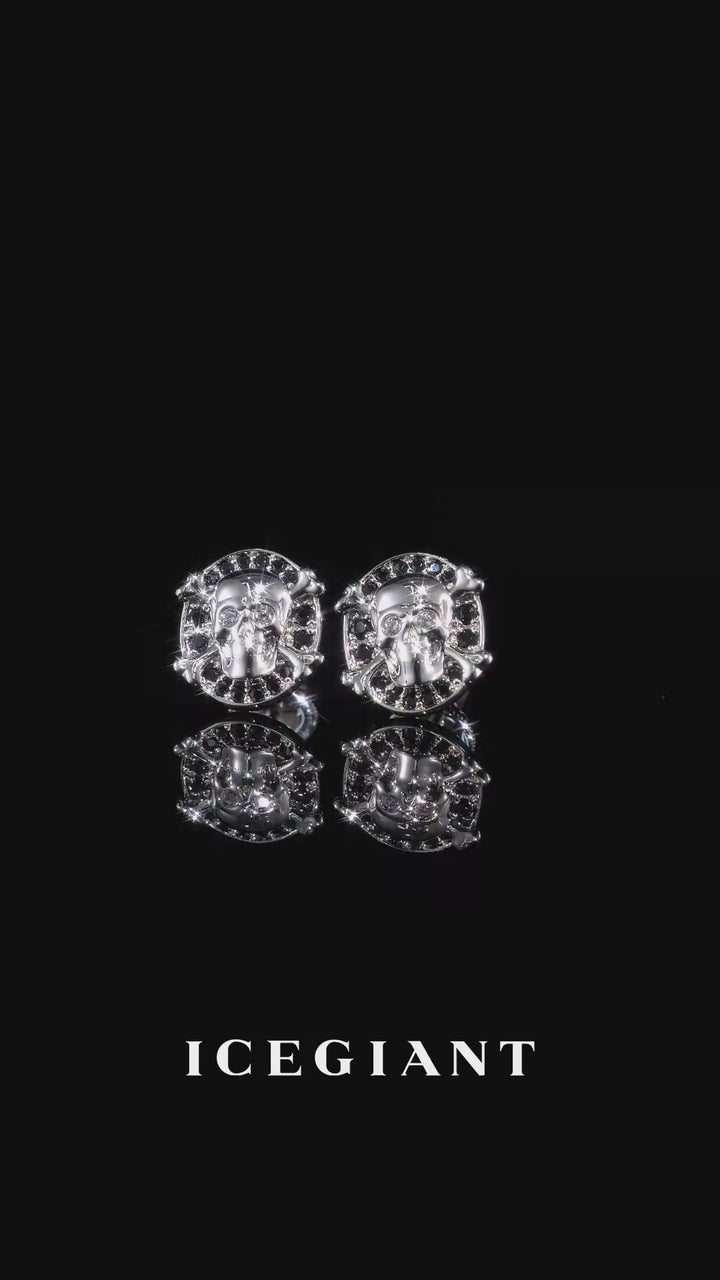 Black & White Moissanite Skull Crossbones Stud Earrings
