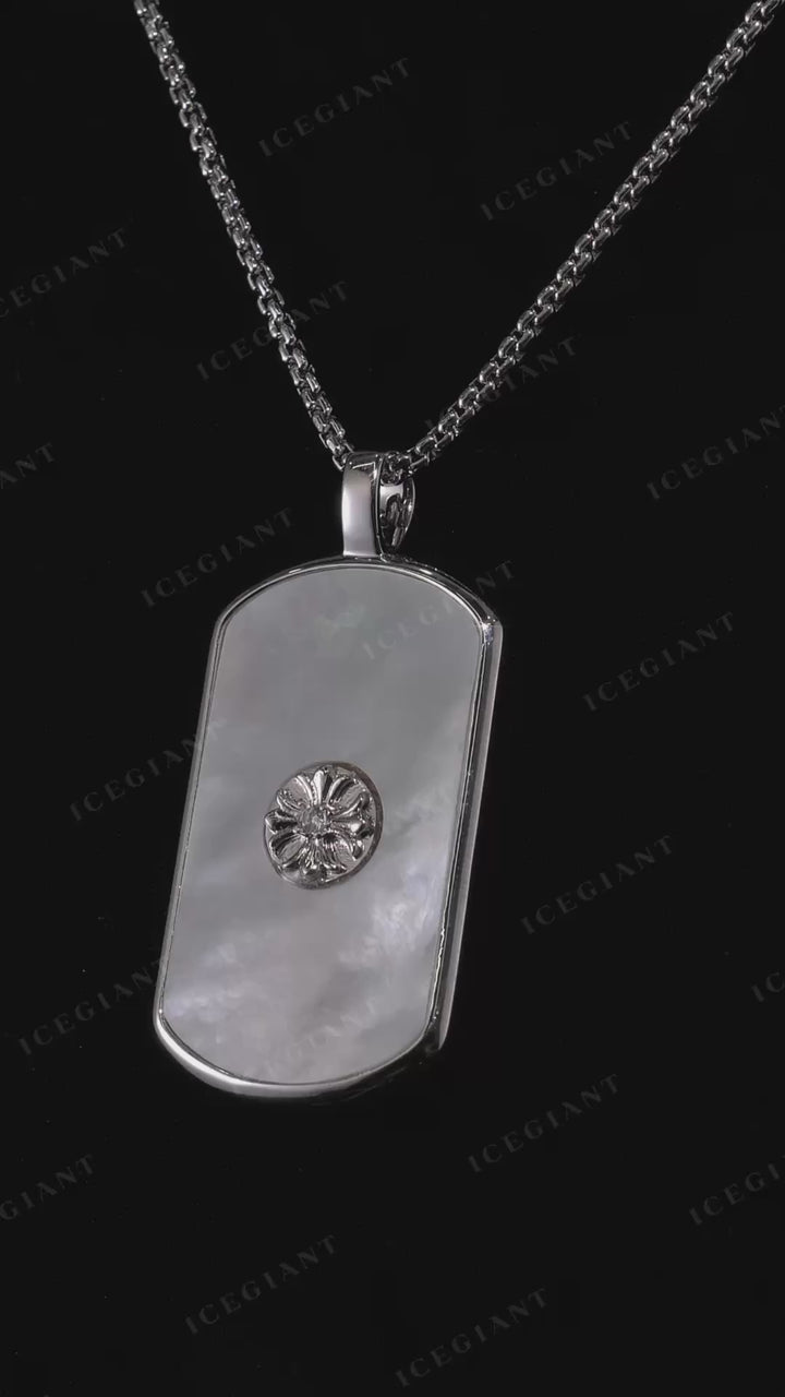 White Fritillaria & Moissanite Cross Dog Tag Pendant
