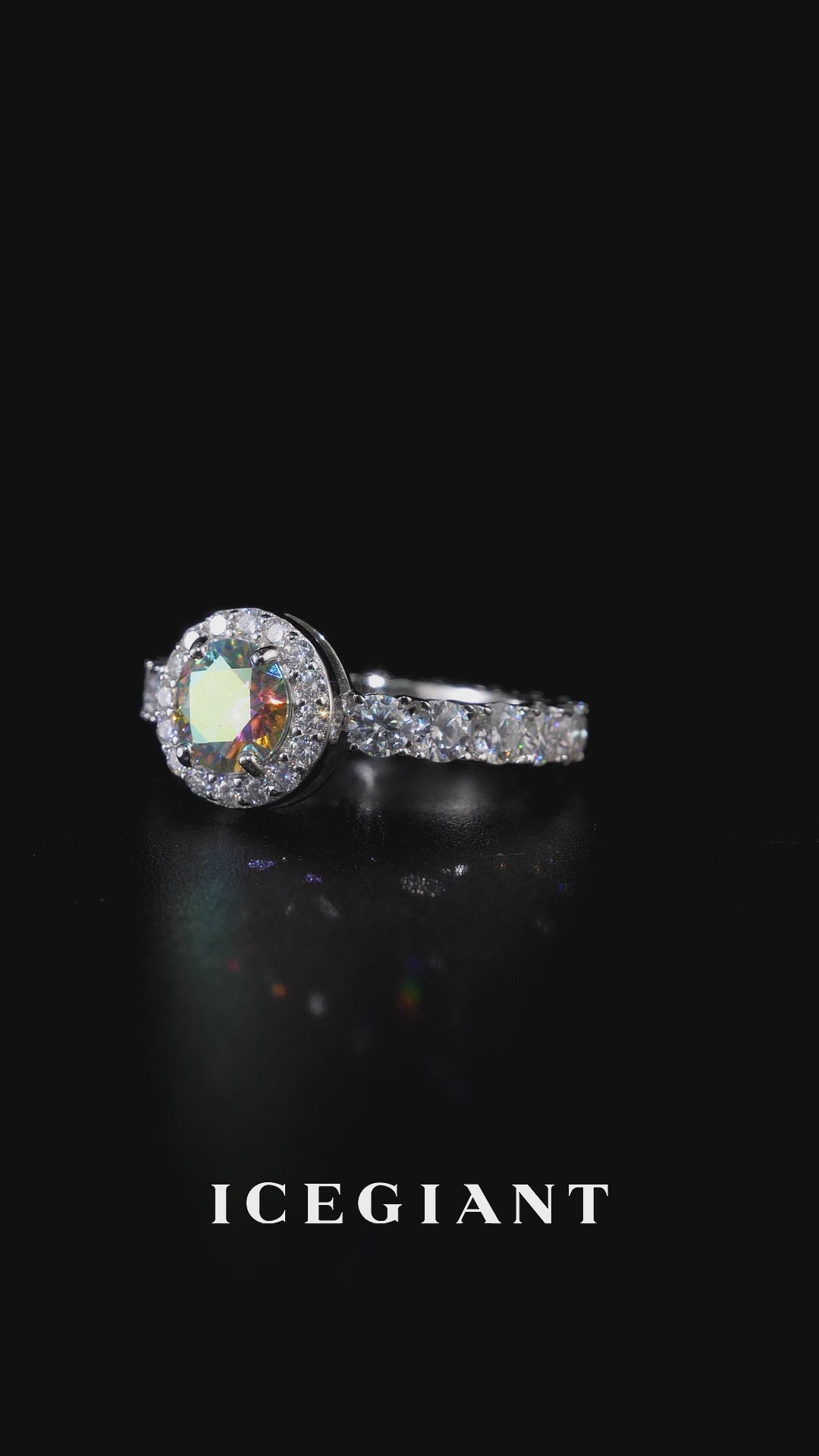 1CT Rainbow Moissanite Halo Ring with Side Diamonds
