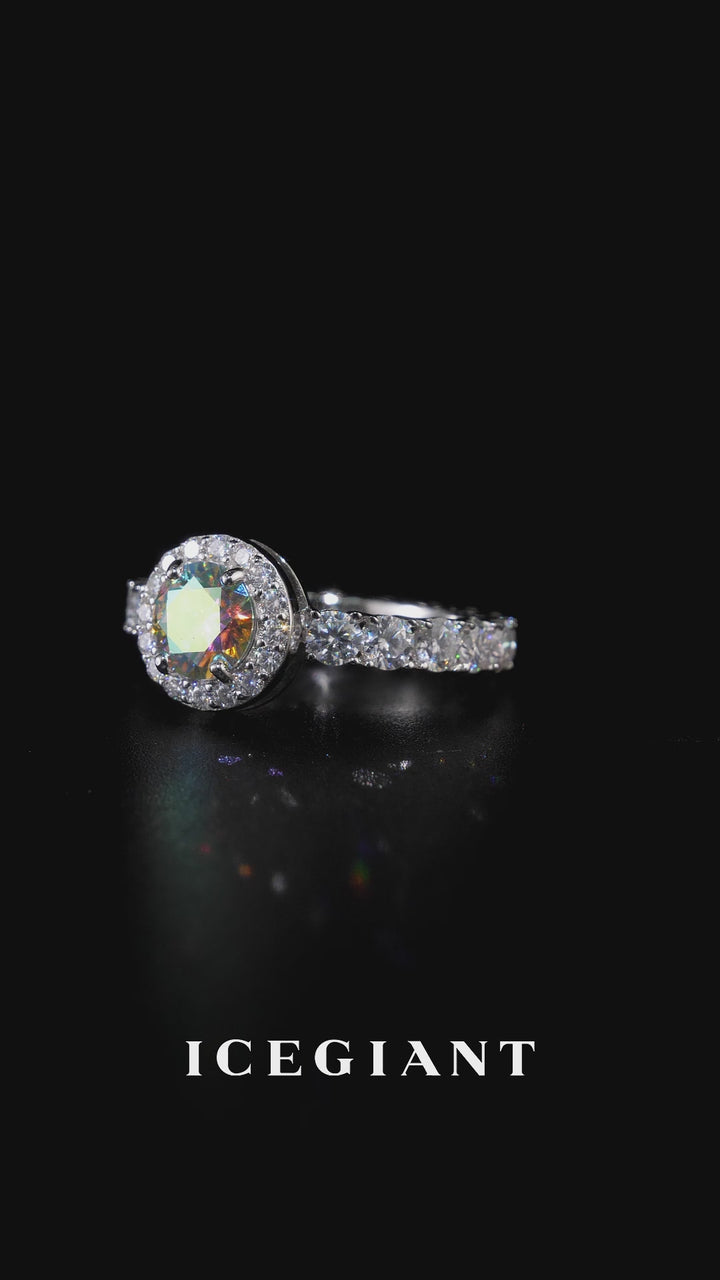 1CT Rainbow Moissanite Halo Ring with Side Diamonds