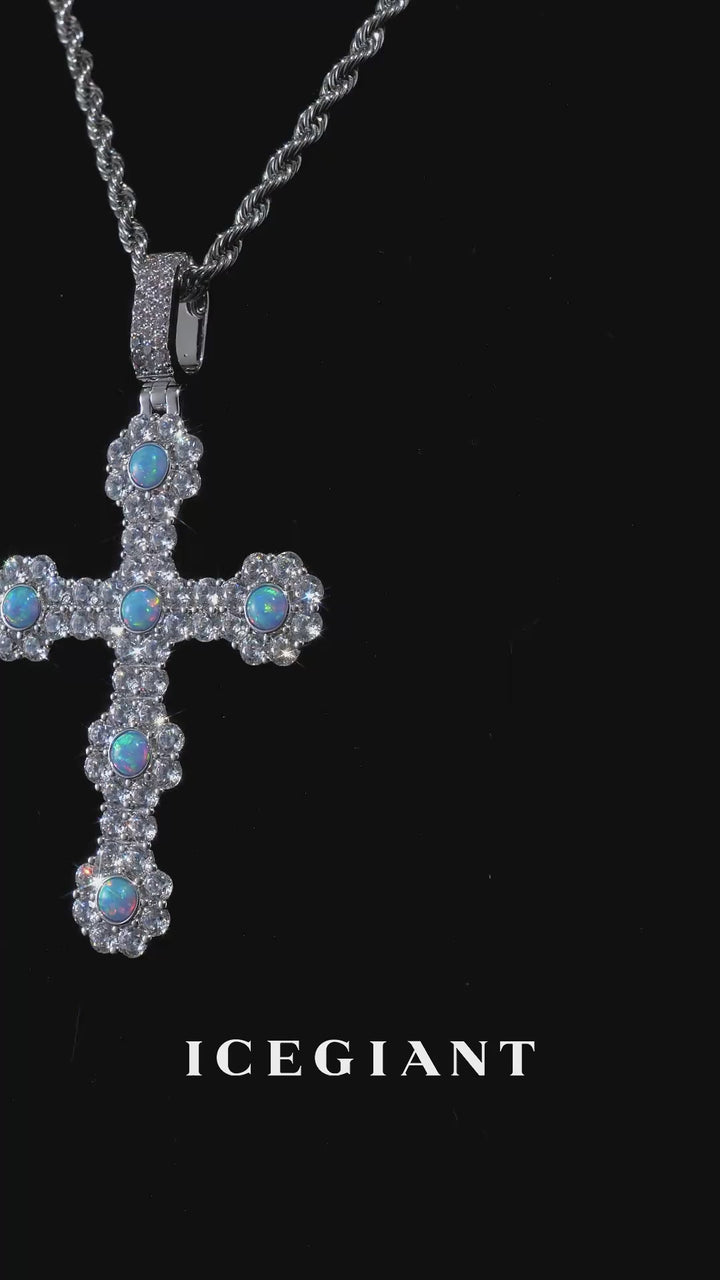 Iced Moissanite Halo Opal Cross Pendant