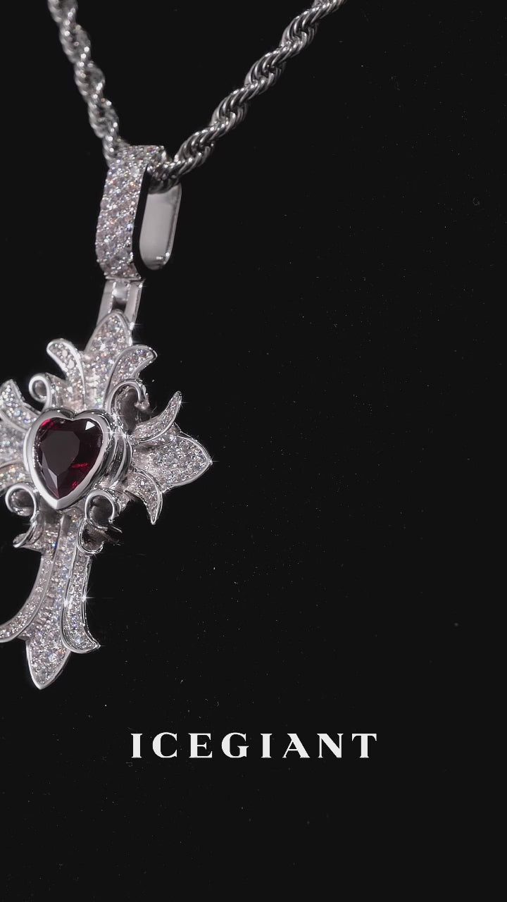 Crimson Heart Fleur Moissanite Cross Pendant