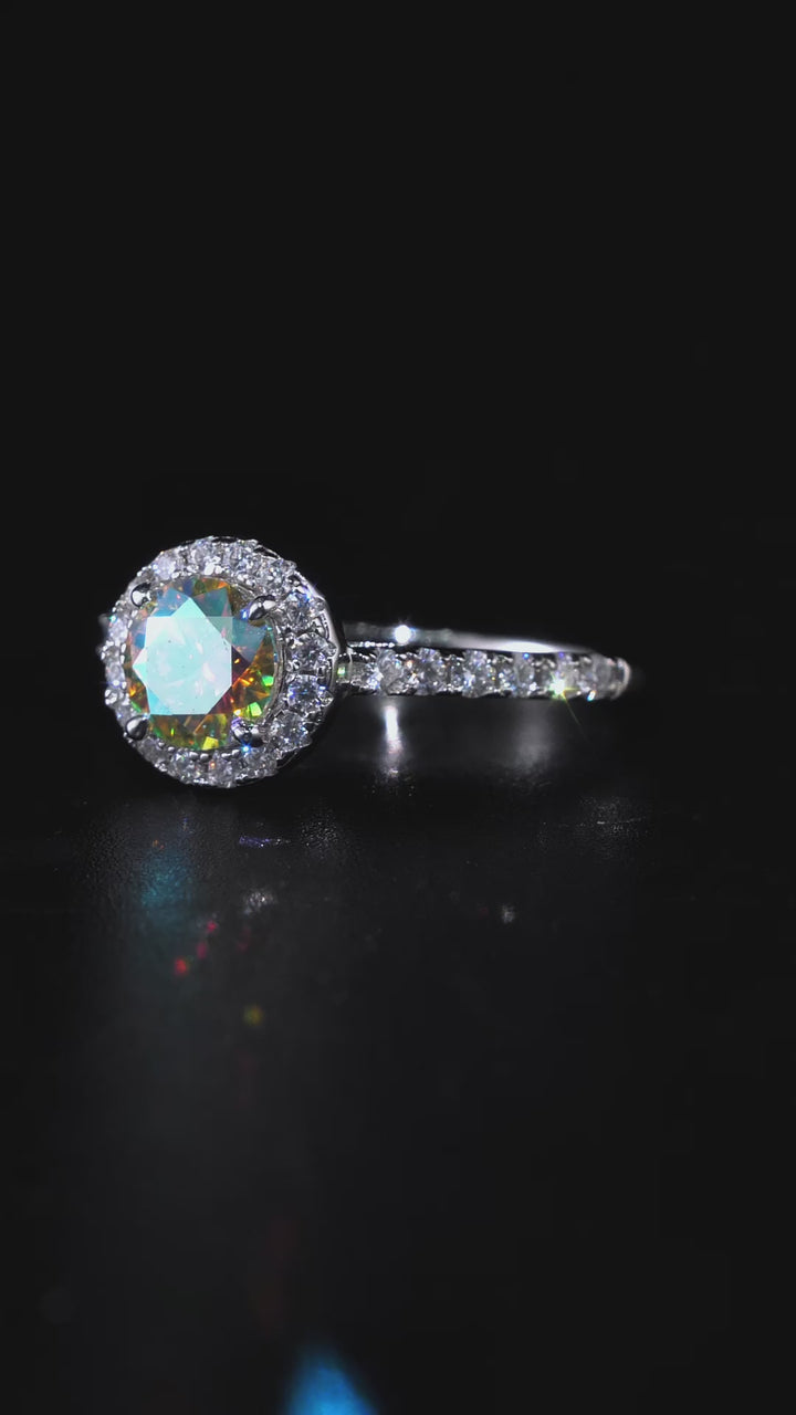 Floating Halo Rainbow Moissanite Engagement Ring