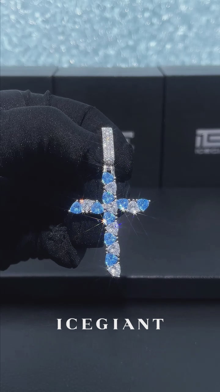 Trillion Cut Moissanite & Blue Gem Cross Pendant