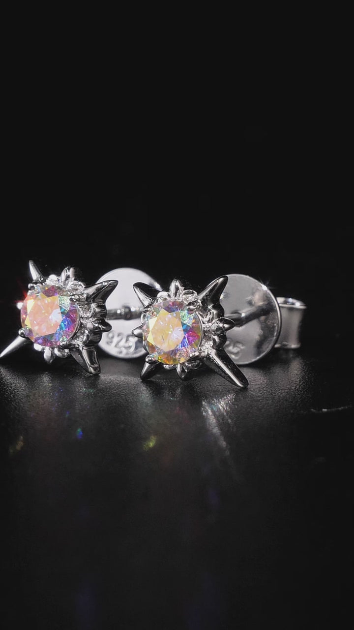 Rainbow Moissanite Eight Pointed Star Stud Earrings