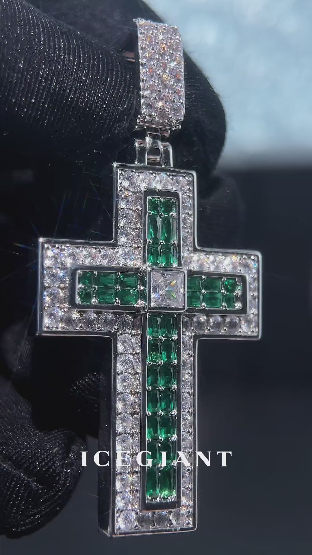 Triple-Layer Baguette Emerald & Moissanite Cross Pendant