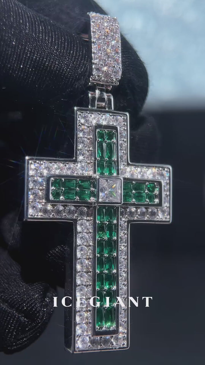 Triple-Layer Baguette Emerald & Moissanite Cross Pendant