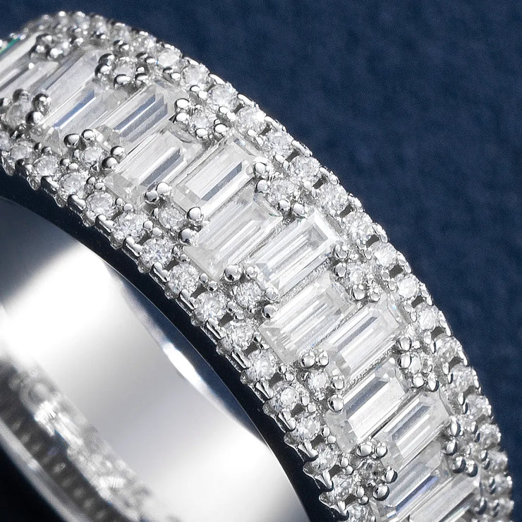 Triple Row Baguette & Pave Moissanite Ring