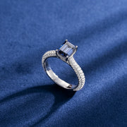 Made To Order Royal Blue Moissanite Emerald Cut Halo Ring with Side Diamonds