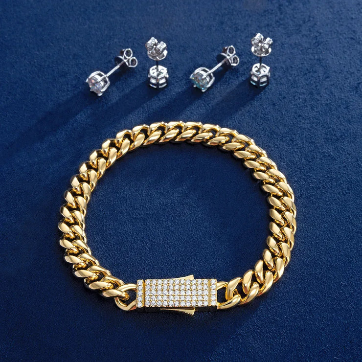 8mm Miami Cuban Bracelet & 2 Pairs of Moissanite Earrings Set [3PCS/SET]