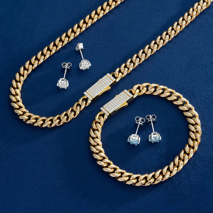 8mm Miami Cuban Chain& Bracelet & 2 Pairs of Moissanite Earrings Set [4PCS/SET]
