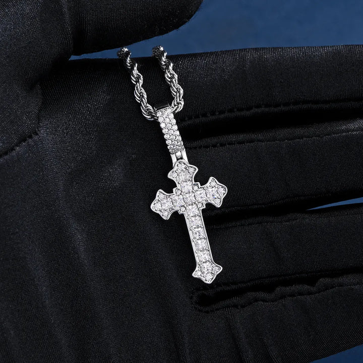 Baguette Cut Fleur De Lis Cross Pendant
