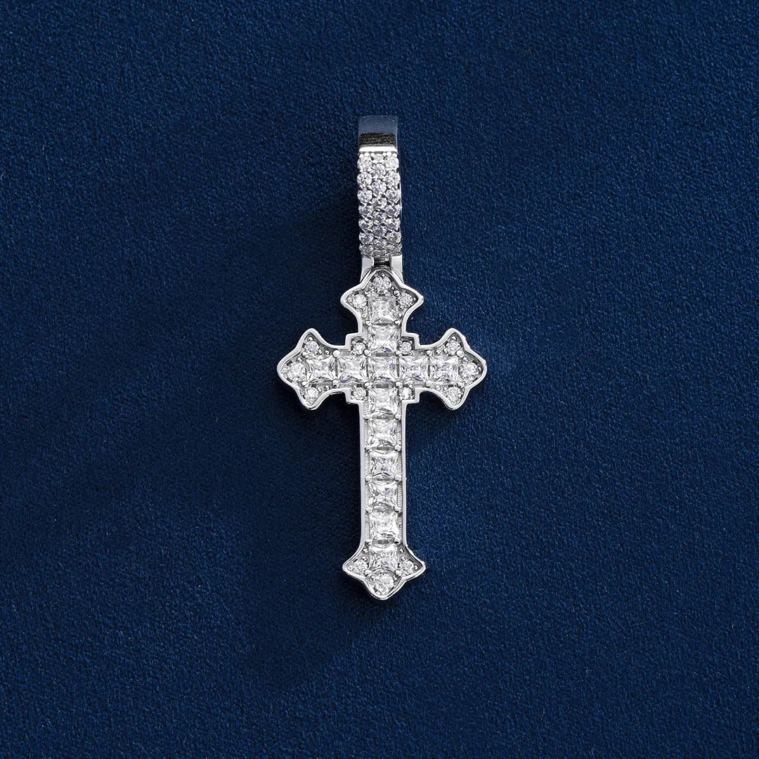 Baguette Cut Fleur De Lis Cross Pendant