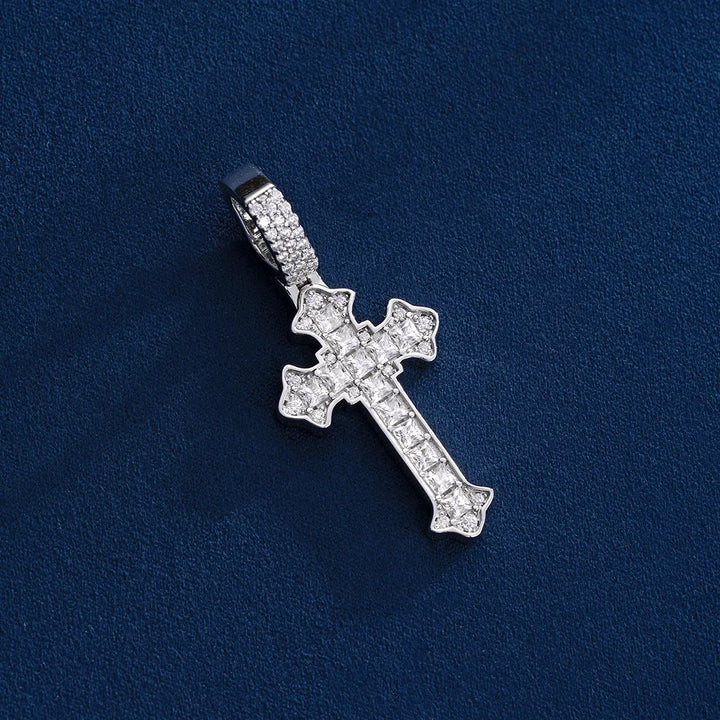 Baguette Cut Fleur De Lis Cross Pendant