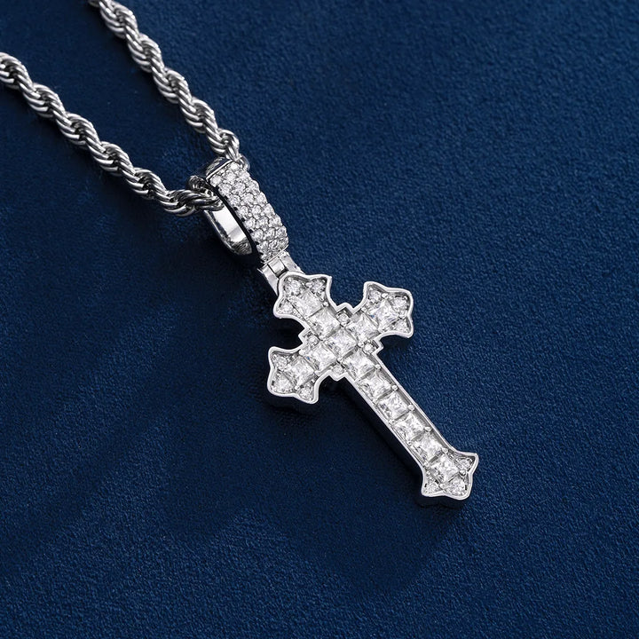 Baguette Cut Fleur De Lis Cross Pendant