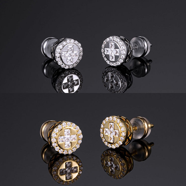 2 Pairs Pack White / Yellow Gold Halo Corss Earrings