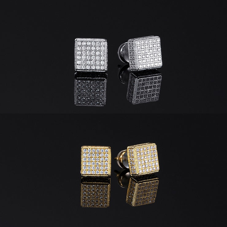 2 Pairs Pack White / Yellow Gold  Pave Square Earrings