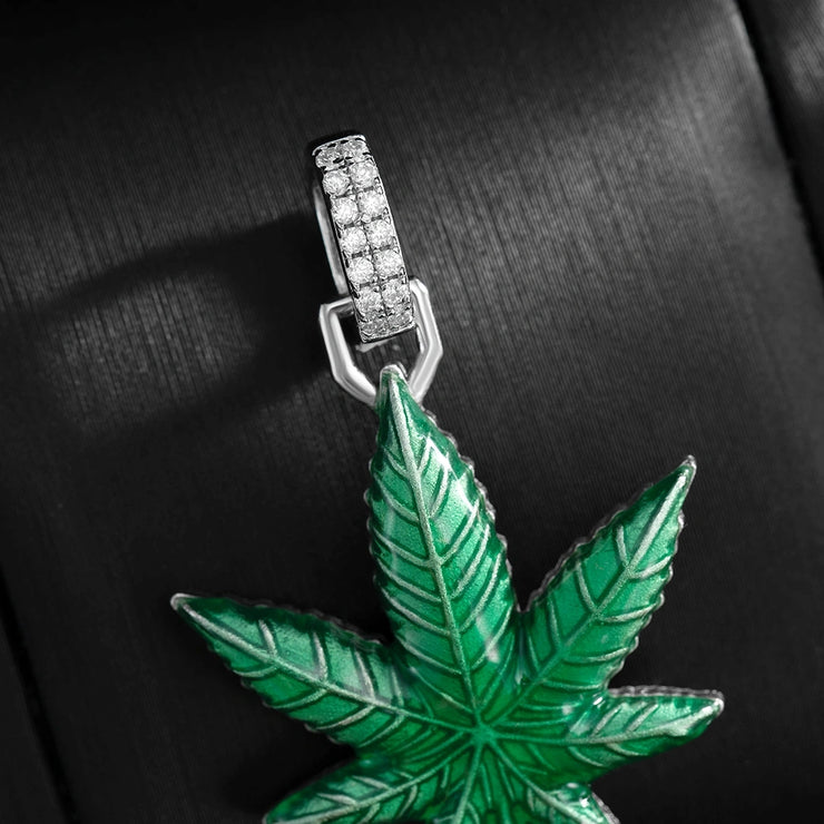 Moissanite Enamel Cannabis Leaf Pendant