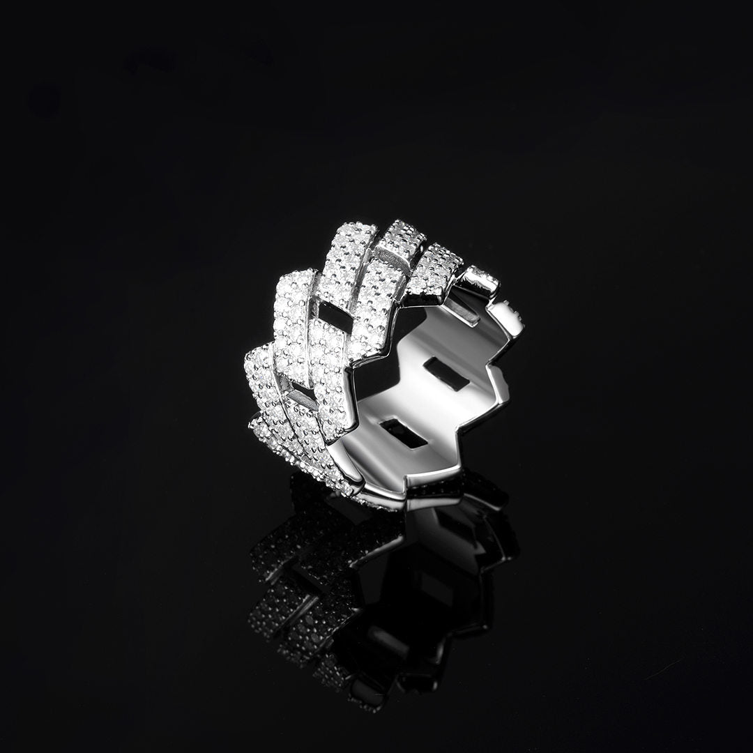 13mm 925 Sterling Silver Moissanite Prong Cuban Link Ring