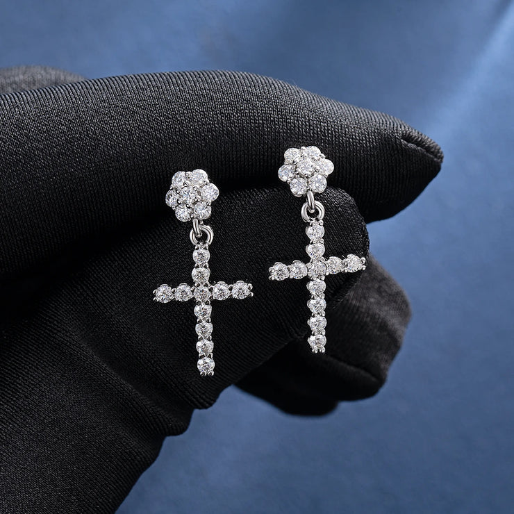S925 Moissanite Flower Cluster Stud Cross Earrings