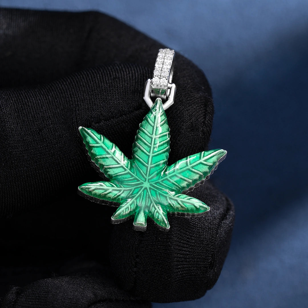 Moissanite Enamel Cannabis Leaf Pendant
