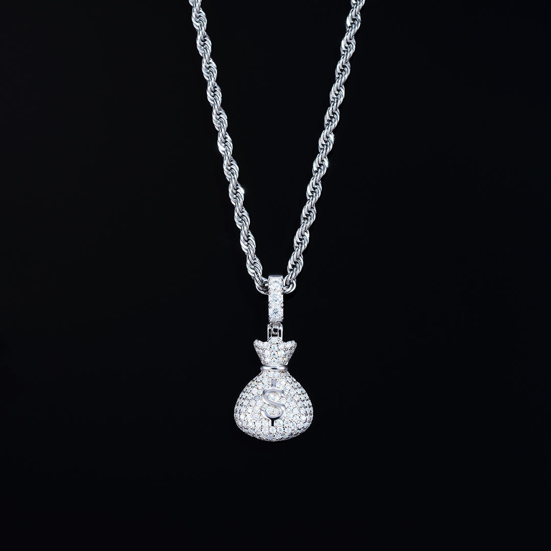 925 Sterling Silver Moissanite Money Bag Pendant 1.3ct