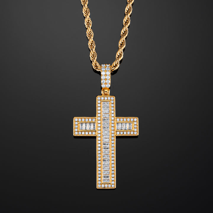 Baguette Cross Pendant in Yellow Gold