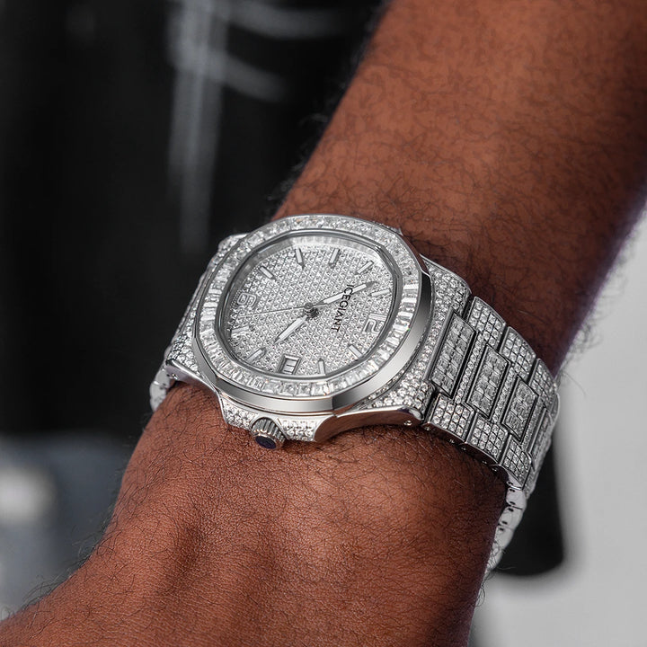 Iced Out Baguette Cut Moissanite Watch in White Gold