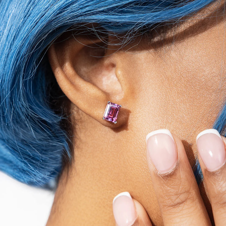 S925 Pink Moissanite Emerald Cut  Stud Earrings-4.00 Carat Total