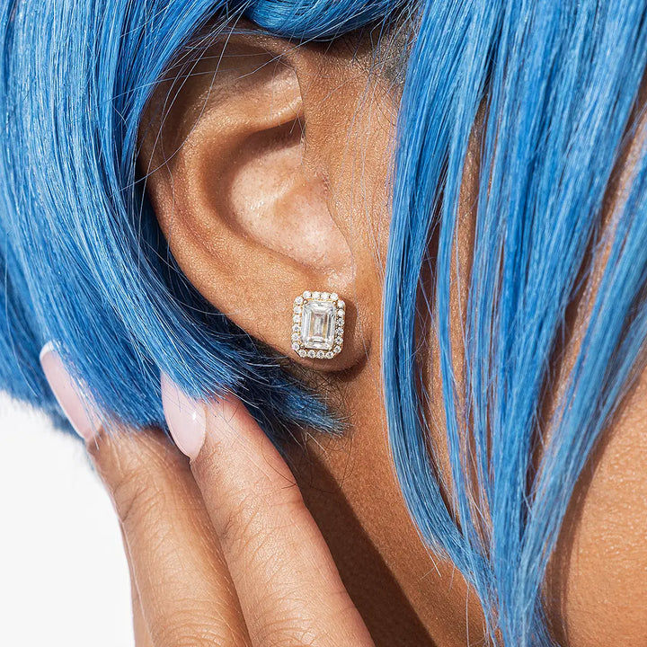 Moissanite Emerald Cut Halo Stud Earrings