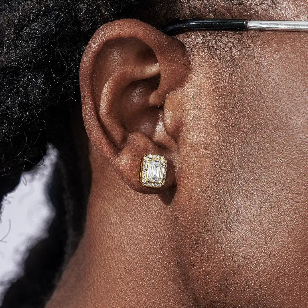 Moissanite Emerald Cut Halo Stud Earrings
