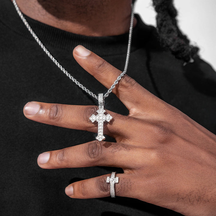 Baguette Cut Fleur De Lis Cross Pendant