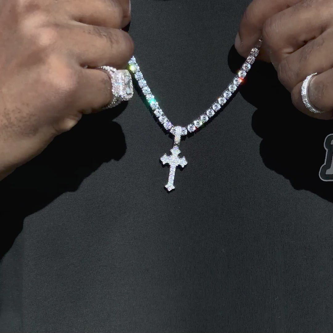 Baguette Cut Fleur De Lis Cross Pendant