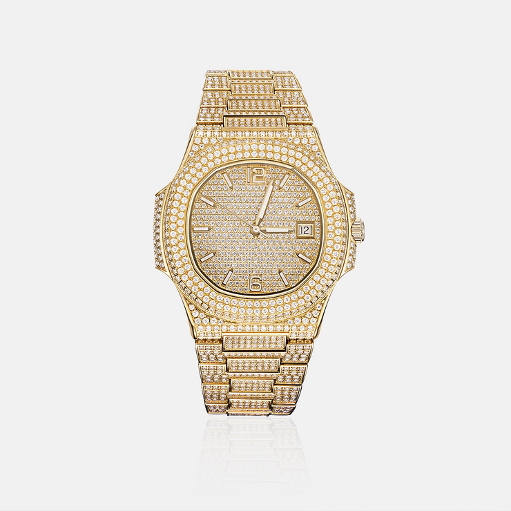 Fully Iced Out Moissanite Watch in Yellow Gold