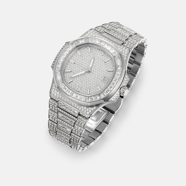 Iced Out Baguette Cut Moissanite Watch in White Gold