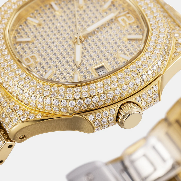 Fully Iced Out Moissanite Watch in Yellow Gold