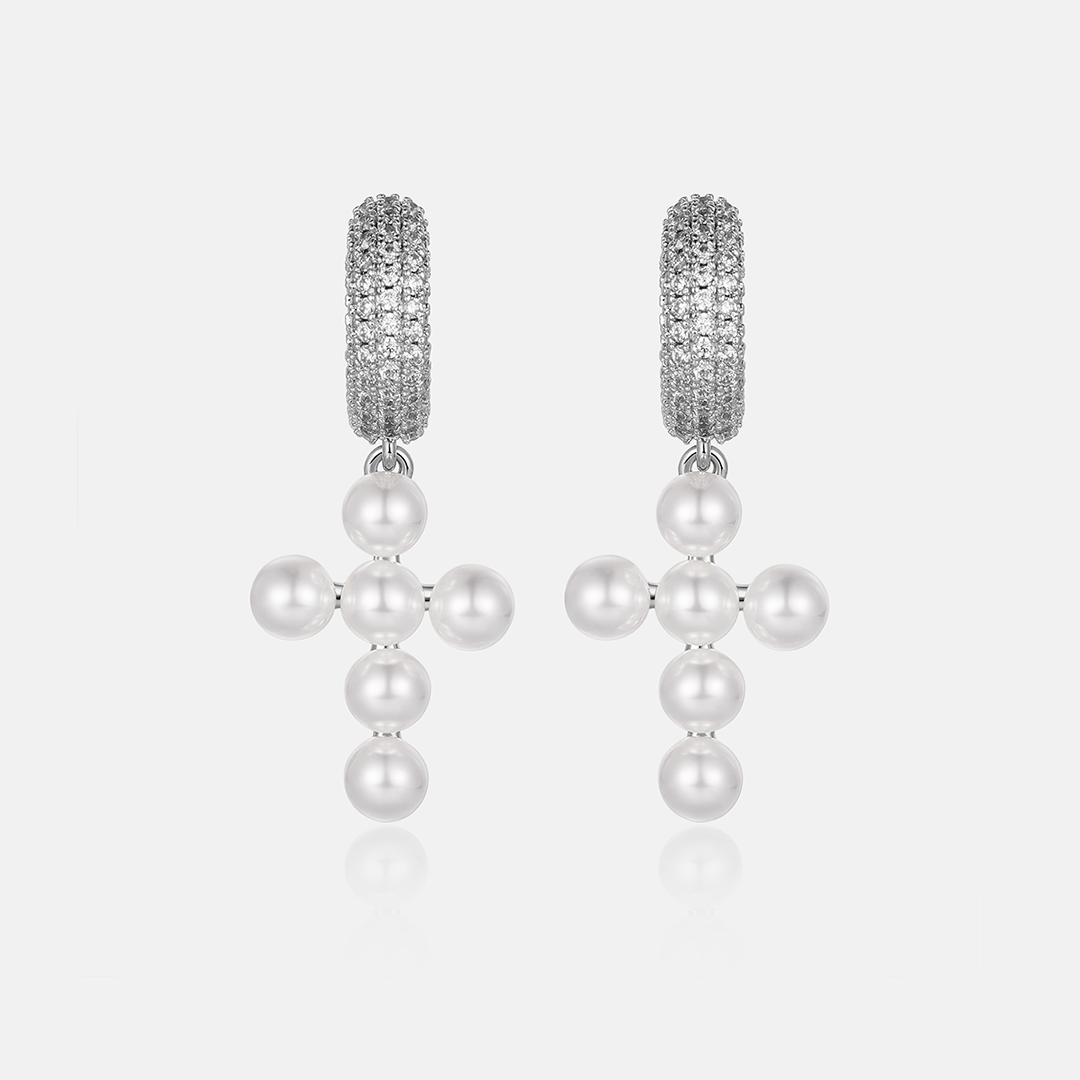 S925 Moissanite Pearl Cross Hoop Earrings