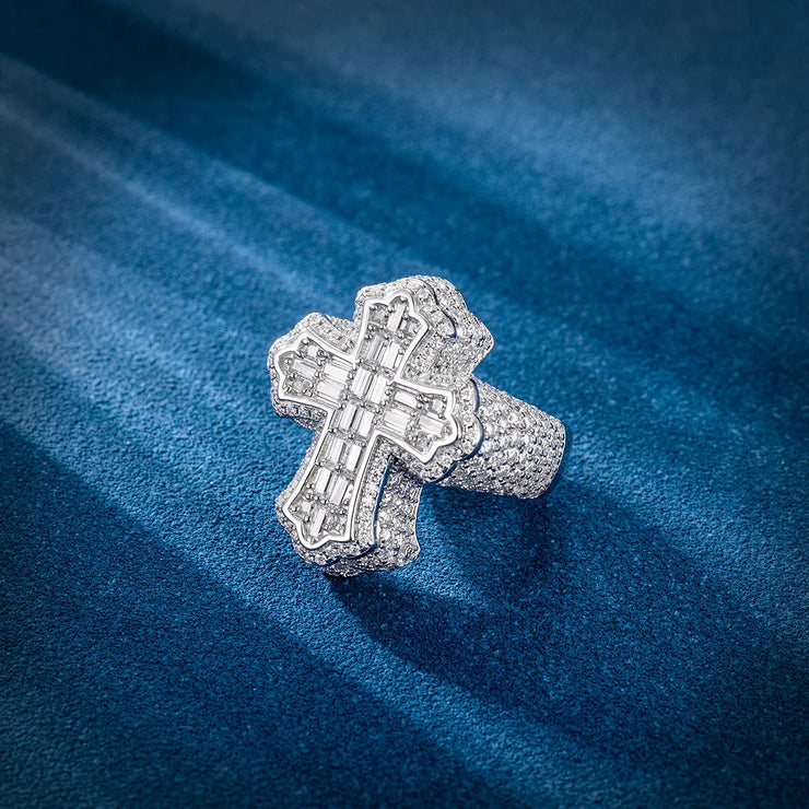 S925 Moissanite Baguette Cross Ring ICEGIANT