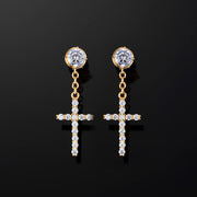 Solid Gold Stud Cross Dangle Moissanite Earrings
