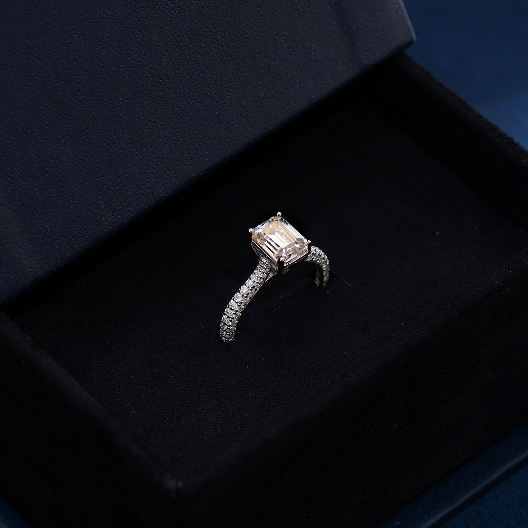 Emerald Cut Halo Ring with Side Diamonds