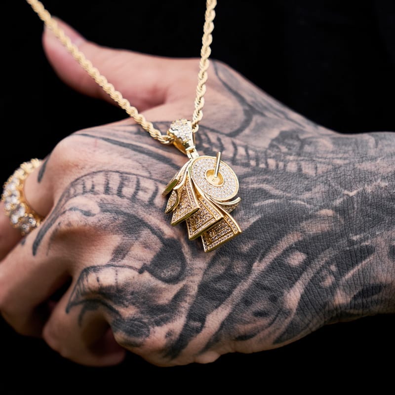 Iced Roll Of Money Pendant in Yellow Gold