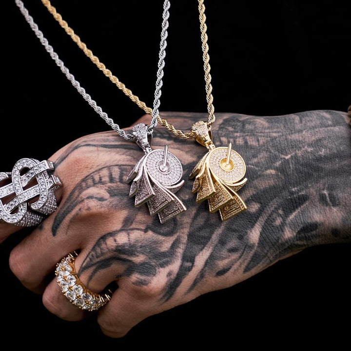 Iced Roll Of Money Pendant in Yellow Gold