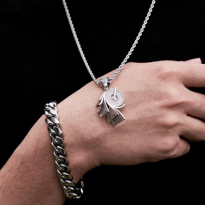 Iced Roll Of Money Pendant in White Gold